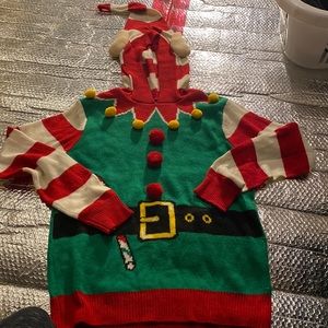Ugly Christmas sweater medium with hood elf pompoms